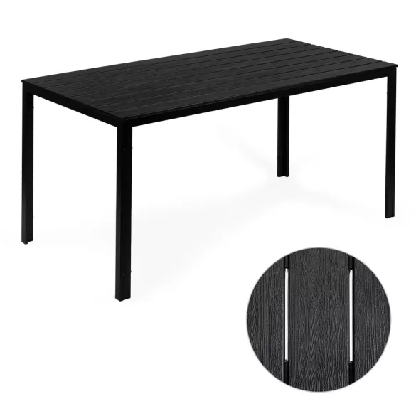 Kerti asztal, MultiGarden SAK-156, fekete, 156 x 78 cm, 6 személyes, magasság: 74 cm, fahatású műanyag asztallap, porszórt acél váz, teherbírás: 150 kg