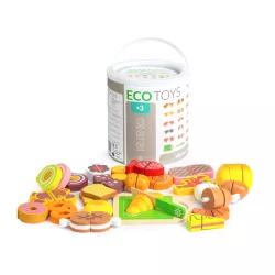   Játék ételkészlet, ECOTOYS TL87115, 23 db, tépőzáras, vágódeszkával és késsel, tároló vödörrel, 3 éves kortól