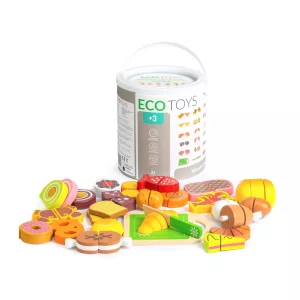 Játék ételkészlet, ECOTOYS TL87115, 23 db, tépőzáras, vágódeszkával és késsel, tároló vödörrel, 3 éves kortól