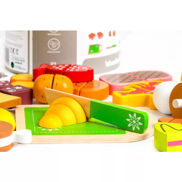Játék ételkészlet, ECOTOYS TL87115, 23 db, tépőzáras, vágódeszkával és késsel, tároló vödörrel, 3 éves kortól