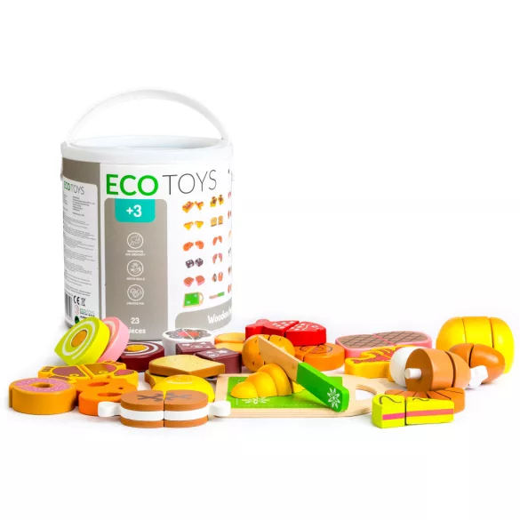 Játék ételkészlet, ECOTOYS TL87115, 23 db, tépőzáras, vágódeszkával és késsel, tároló vödörrel, 3 éves kortól