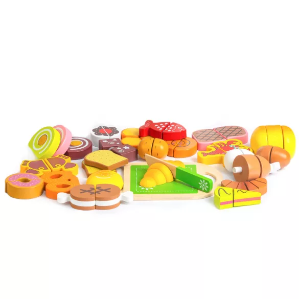 Játék ételkészlet, ECOTOYS TL87115, 23 db, tépőzáras, vágódeszkával és késsel, tároló vödörrel, 3 éves kortól