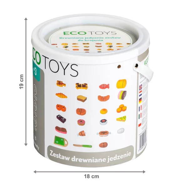 Játék ételkészlet, ECOTOYS TL87115, 23 db, tépőzáras, vágódeszkával és késsel, tároló vödörrel, 3 éves kortól