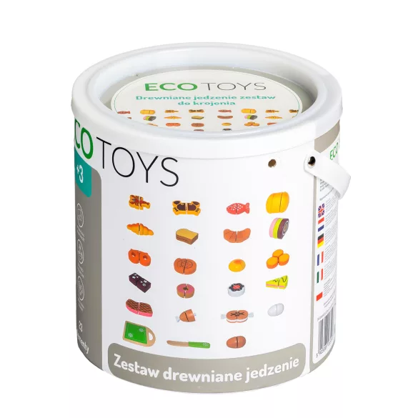 Játék ételkészlet, ECOTOYS TL87115, 23 db, tépőzáras, vágódeszkával és késsel, tároló vödörrel, 3 éves kortól