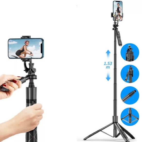 Selfie bot, 34 - 153 cm, 360°-ban forgatható, exponáló gombbal, tripod állvány funkció, fekete