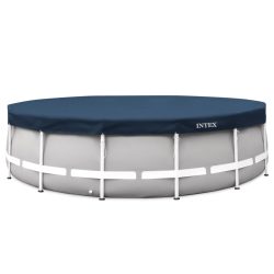   Kerek medencetakaró, Intex Deluxe négyévszakos, csővázas medencéhez, 457 cm átmérő, sötétkék, UV-álló háromrétegű anyag, 20 cm-es túlnyúlással, köteles rögzítéssel (28083)