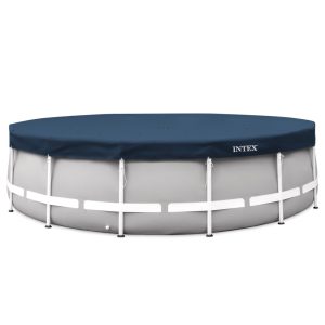 Kerek medencetakaró, Intex Deluxe négyévszakos, csővázas medencéhez, 457 cm átmérő, sötétkék, UV-álló háromrétegű anyag, 20 cm-es túlnyúlással, köteles rögzítéssel (28083)