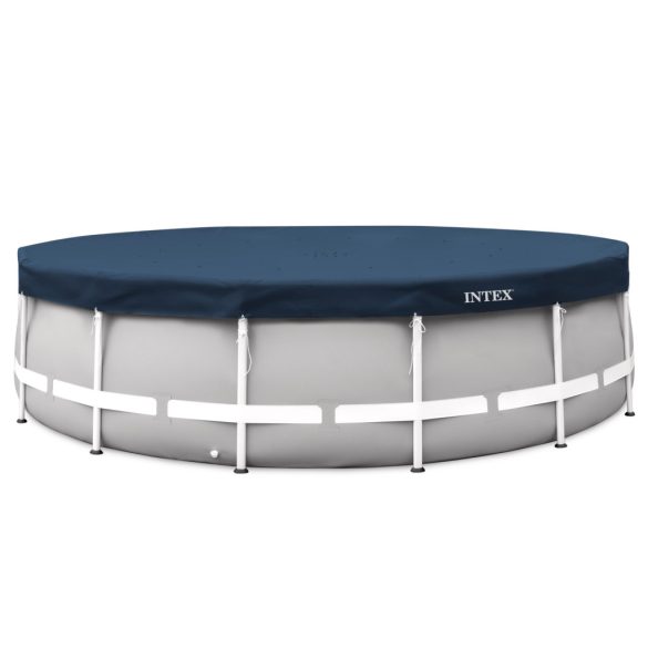 Kerek medencetakaró, Intex Deluxe négyévszakos, csővázas medencéhez, 457 cm átmérő, sötétkék, UV-álló háromrétegű anyag, 20 cm-es túlnyúlással, köteles rögzítéssel (28083)