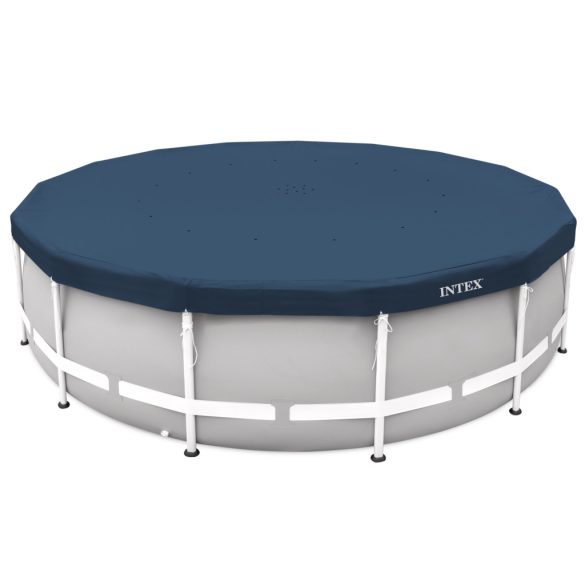 Kerek medencetakaró, Intex Deluxe négyévszakos, csővázas medencéhez, 457 cm átmérő, sötétkék, UV-álló háromrétegű anyag, 20 cm-es túlnyúlással, köteles rögzítéssel (28083)