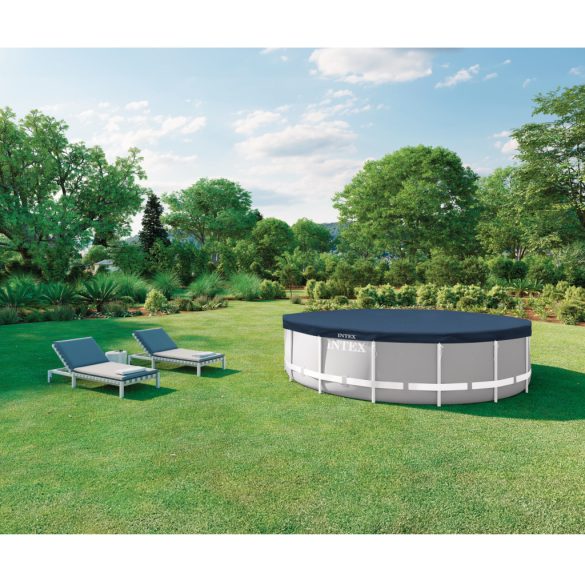 Kerek medencetakaró, Intex Deluxe négyévszakos, csővázas medencéhez, 457 cm átmérő, sötétkék, UV-álló háromrétegű anyag, 20 cm-es túlnyúlással, köteles rögzítéssel (28083)