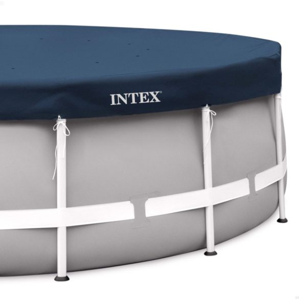 Kerek medencetakaró, Intex Deluxe négyévszakos, csővázas medencéhez, 457 cm átmérő, sötétkék, UV-álló háromrétegű anyag, 20 cm-es túlnyúlással, köteles rögzítéssel (28083)