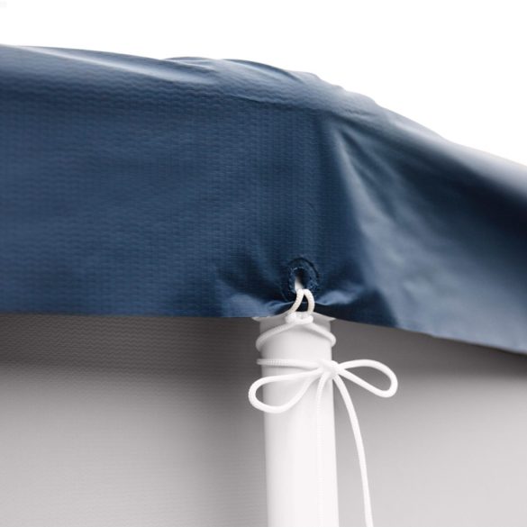 Kerek medencetakaró, Intex Deluxe négyévszakos, csővázas medencéhez, 457 cm átmérő, sötétkék, UV-álló háromrétegű anyag, 20 cm-es túlnyúlással, köteles rögzítéssel (28083)