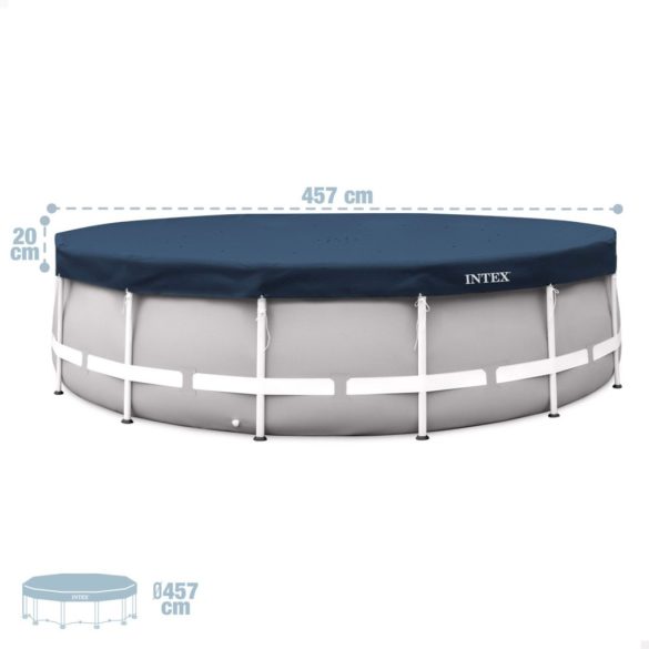 Kerek medencetakaró, Intex Deluxe négyévszakos, csővázas medencéhez, 457 cm átmérő, sötétkék, UV-álló háromrétegű anyag, 20 cm-es túlnyúlással, köteles rögzítéssel (28083)