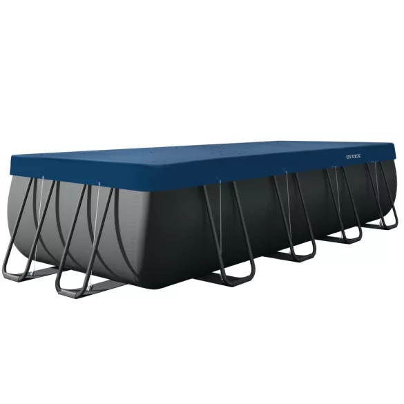 Téglalap alakú medencetakaró, Intex Deluxe négyévszakos, csővázas medencéhez, 549 x 274 cm, sötétkék, UV-álló háromrétegű anyag, 20 cm-es túlnyúlással, köteles rögzítéssel (28086)