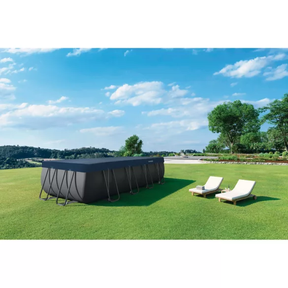 Téglalap alakú medencetakaró, Intex Deluxe négyévszakos, csővázas medencéhez, 549 x 274 cm, sötétkék, UV-álló háromrétegű anyag, 20 cm-es túlnyúlással, köteles rögzítéssel (28086)