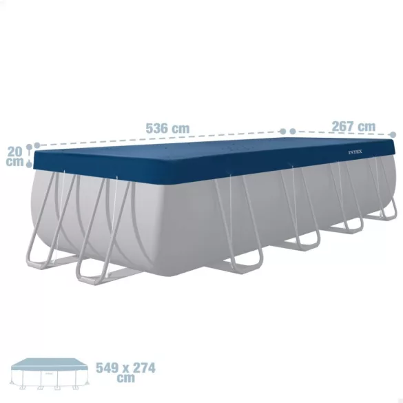Téglalap alakú medencetakaró, Intex Deluxe négyévszakos, csővázas medencéhez, 549 x 274 cm, sötétkék, UV-álló háromrétegű anyag, 20 cm-es túlnyúlással, köteles rögzítéssel (28086)