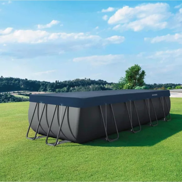 Téglalap alakú medencetakaró, Intex Deluxe négyévszakos, csővázas medencéhez, 549 x 274 cm, sötétkék, UV-álló háromrétegű anyag, 20 cm-es túlnyúlással, köteles rögzítéssel (28086)