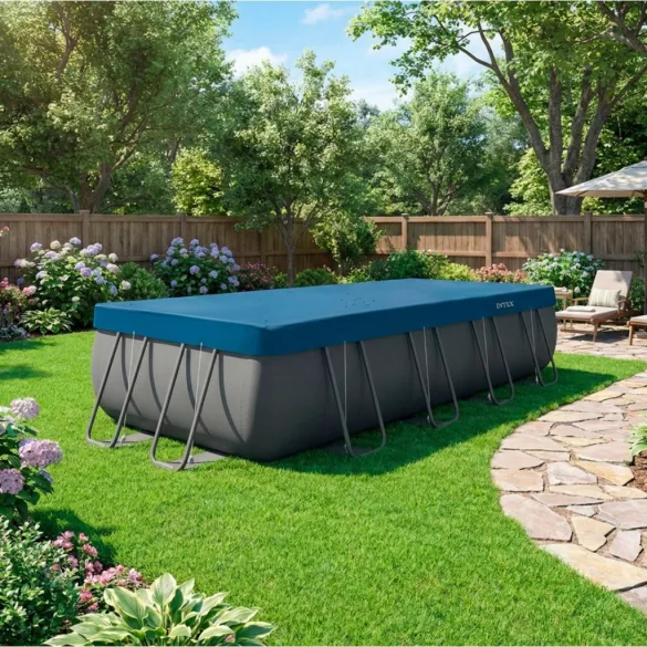 Téglalap alakú medencetakaró, Intex Deluxe négyévszakos, csővázas medencéhez, 549 x 274 cm, sötétkék, UV-álló háromrétegű anyag, 20 cm-es túlnyúlással, köteles rögzítéssel (28086)