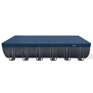 Téglalap alakú medencetakaró, Intex Deluxe négyévszakos, csővázas medencéhez, 732 x 366 cm, sötétkék, UV-álló háromrétegű anyag, 20 cm-es túlnyúlással, köteles rögzítéssel (28087)
