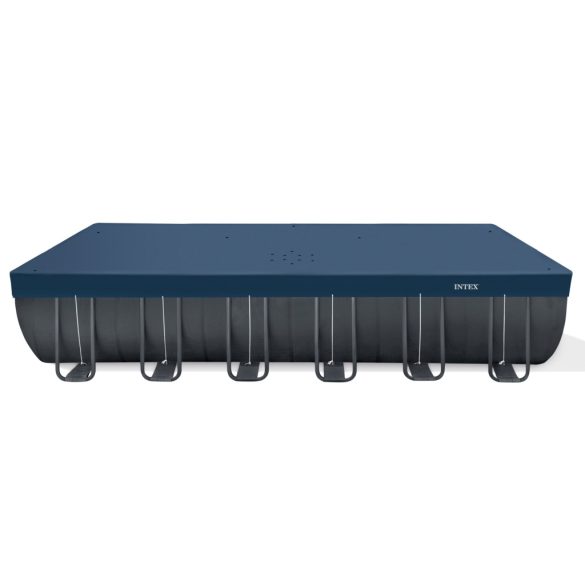 Téglalap alakú medencetakaró, Intex Deluxe négyévszakos, csővázas medencéhez, 732 x 366 cm, sötétkék, UV-álló háromrétegű anyag, 20 cm-es túlnyúlással, köteles rögzítéssel (28087)