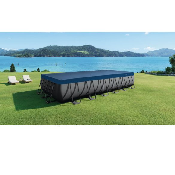 Téglalap alakú medencetakaró, Intex Deluxe négyévszakos, csővázas medencéhez, 732 x 366 cm, sötétkék, UV-álló háromrétegű anyag, 20 cm-es túlnyúlással, köteles rögzítéssel (28087)