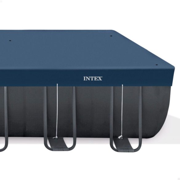 Téglalap alakú medencetakaró, Intex Deluxe négyévszakos, csővázas medencéhez, 732 x 366 cm, sötétkék, UV-álló háromrétegű anyag, 20 cm-es túlnyúlással, köteles rögzítéssel (28087)