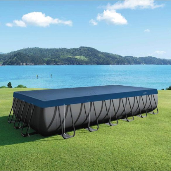 Téglalap alakú medencetakaró, Intex Deluxe négyévszakos, csővázas medencéhez, 732 x 366 cm, sötétkék, UV-álló háromrétegű anyag, 20 cm-es túlnyúlással, köteles rögzítéssel (28087)