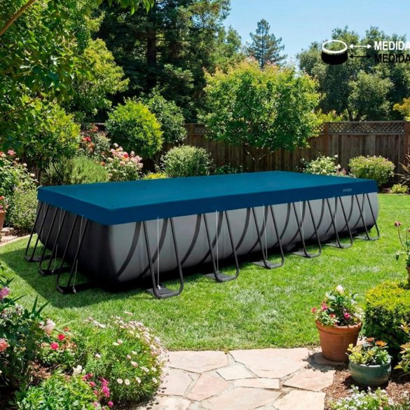 Téglalap alakú medencetakaró, Intex Deluxe négyévszakos, csővázas medencéhez, 732 x 366 cm, sötétkék, UV-álló háromrétegű anyag, 20 cm-es túlnyúlással, köteles rögzítéssel (28087)