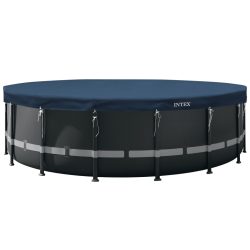   Kerek medencetakaró, Intex Deluxe négyévszakos, csővázas medencéhez, 610 cm átmérő, sötétkék, UV-álló háromrétegű anyag, 20 cm-es túlnyúlással, köteles rögzítéssel (28088)