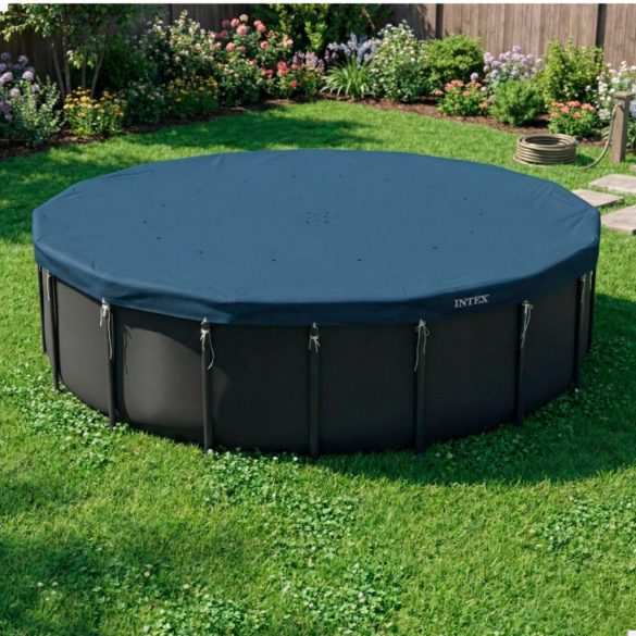 Kerek medencetakaró, Intex Deluxe négyévszakos, csővázas medencéhez, 610 cm átmérő, sötétkék, UV-álló háromrétegű anyag, 20 cm-es túlnyúlással, köteles rögzítéssel (28088)