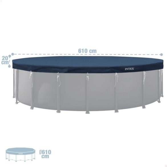 Kerek medencetakaró, Intex Deluxe négyévszakos, csővázas medencéhez, 610 cm átmérő, sötétkék, UV-álló háromrétegű anyag, 20 cm-es túlnyúlással, köteles rögzítéssel (28088)