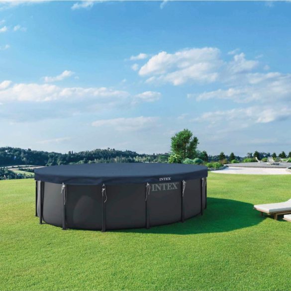 Kerek medencetakaró, Intex Deluxe négyévszakos, csővázas medencéhez, 610 cm átmérő, sötétkék, UV-álló háromrétegű anyag, 20 cm-es túlnyúlással, köteles rögzítéssel (28088)