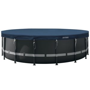 Kerek medencetakaró, Intex Deluxe négyévszakos, csővázas medencéhez, 732 cm átmérő, sötétkék, UV-álló háromrétegű anyag, 20 cm-es túlnyúlással, köteles rögzítéssel (28091)