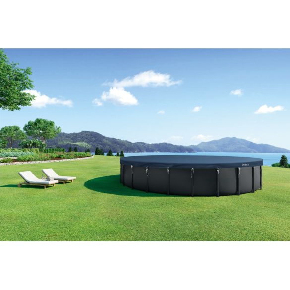 Kerek medencetakaró, Intex Deluxe négyévszakos, csővázas medencéhez, 732 cm átmérő, sötétkék, UV-álló háromrétegű anyag, 20 cm-es túlnyúlással, köteles rögzítéssel (28091)