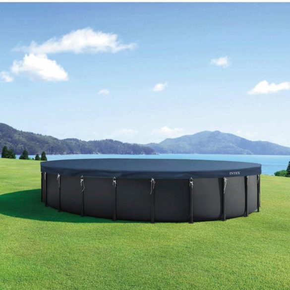 Kerek medencetakaró, Intex Deluxe négyévszakos, csővázas medencéhez, 732 cm átmérő, sötétkék, UV-álló háromrétegű anyag, 20 cm-es túlnyúlással, köteles rögzítéssel (28091)