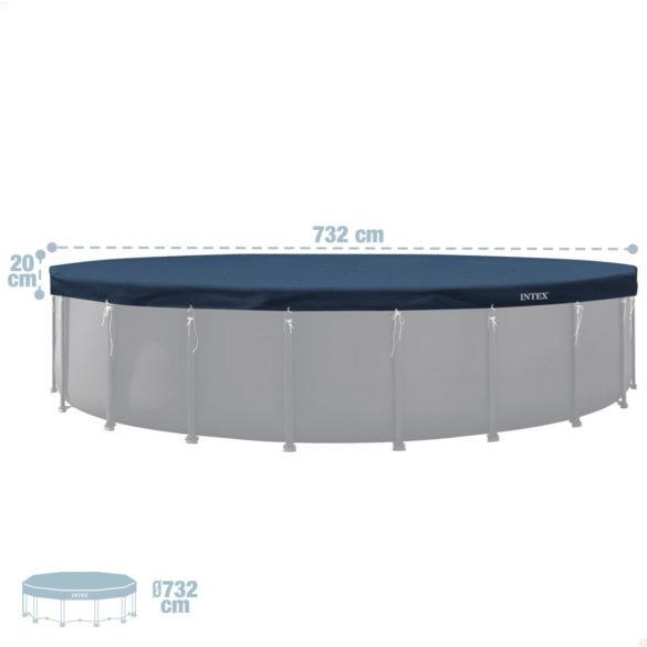Kerek medencetakaró, Intex Deluxe négyévszakos, csővázas medencéhez, 732 cm átmérő, sötétkék, UV-álló háromrétegű anyag, 20 cm-es túlnyúlással, köteles rögzítéssel (28091)
