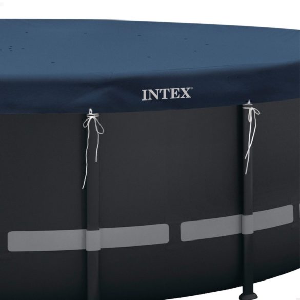 Kerek medencetakaró, Intex Deluxe négyévszakos, csővázas medencéhez, 732 cm átmérő, sötétkék, UV-álló háromrétegű anyag, 20 cm-es túlnyúlással, köteles rögzítéssel (28091)