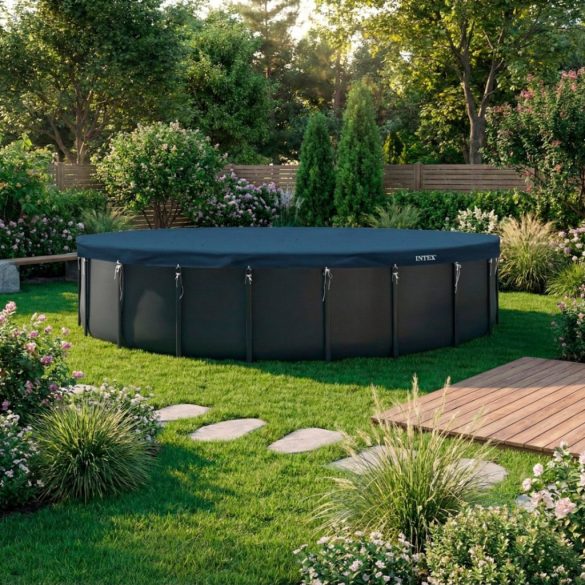 Kerek medencetakaró, Intex Deluxe négyévszakos, csővázas medencéhez, 732 cm átmérő, sötétkék, UV-álló háromrétegű anyag, 20 cm-es túlnyúlással, köteles rögzítéssel (28091)