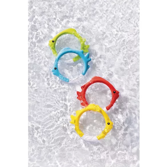 Víz alatti játék, Intex, Halkarikák, 15 × 13 × 2 cm, többszínű, hal formájú, puha rugalmas anyagból, süllyedő kialakítással, függőlegesen megáll a vízben (55507)