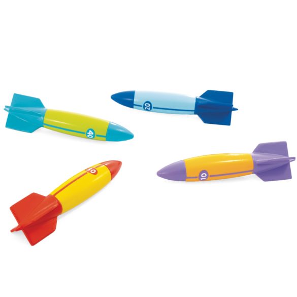 Víz alatti játék, Intex, Torpedók, 12 × 3 × 3 cm, többszínű, puha rugalmas anyagból, kemény markolattal, 4 darabos szett (55508)