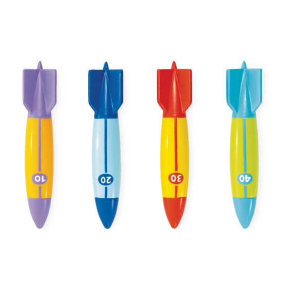 Víz alatti játék, Intex, Torpedók, 12 × 3 × 3 cm, többszínű, puha rugalmas anyagból, kemény markolattal, 4 darabos szett (55508)