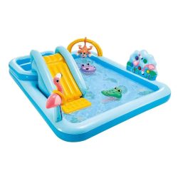   Felfújható vízi játék, Intex, Dzsungel kalandjáték központ, 244 × 198 × 71 cm, többszínű, dzsungel mintás, csúszdával, két medencével, felfújható figurákkal és labdákkal (57161)