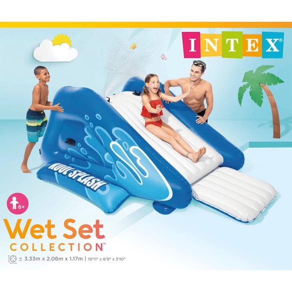 Felfújható vízicsúszda, Intex Kool Splash, 333 × 206 × 117 cm, kék, hullámos kialakítású, locsolótömlőre csatlakoztatható, fogantyúkkal (58849)