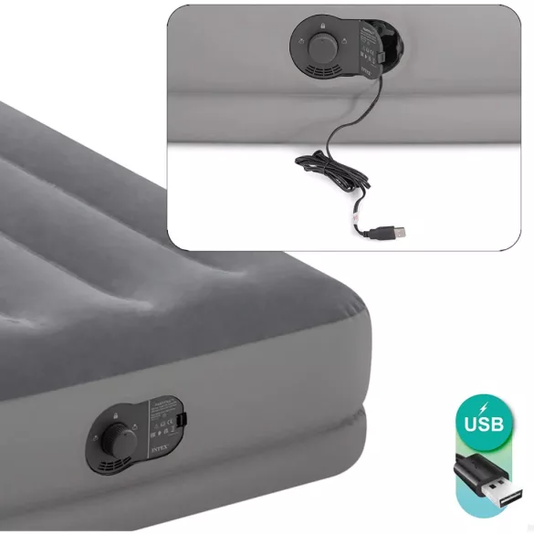 Felfújható vendégágy, Intex Twin Prestige középmagas matrac, 99 x 191 x 30 cm, szürke, egyszemélyes, szálas belső szerkezettel, puha felülettel, beépített USB-s elektromos pumpával (64112)