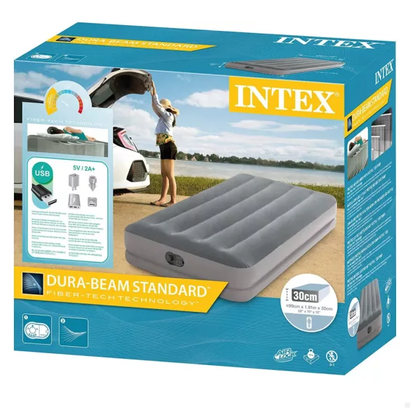 Felfújható vendégágy, Intex Twin Prestige középmagas matrac, 99 x 191 x 30 cm, szürke, egyszemélyes, szálas belső szerkezettel, puha felülettel, beépített USB-s elektromos pumpával (64112)
