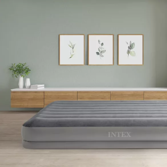 Felfújható vendégágy, Intex Queen Prestige középmagas matrac, 152 x 203 x 30 cm, szürke, kétszemélyes, szálas belső szerkezettel, puha felülettel, beépített USB-s elektromos pumpával (64114)
