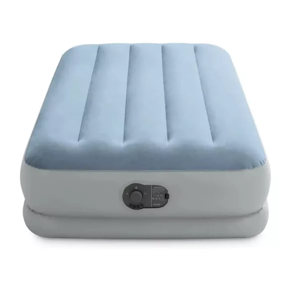 Felfújható vendégágy, Intex Dupla Dura-Beam középmagas komfort matrac, 99 x 191 x 36 cm, világoskék, egyszemélyes, szálas belső szerkezettel, puha felülettel, beépített USB-s elektromos pumpával (64157)