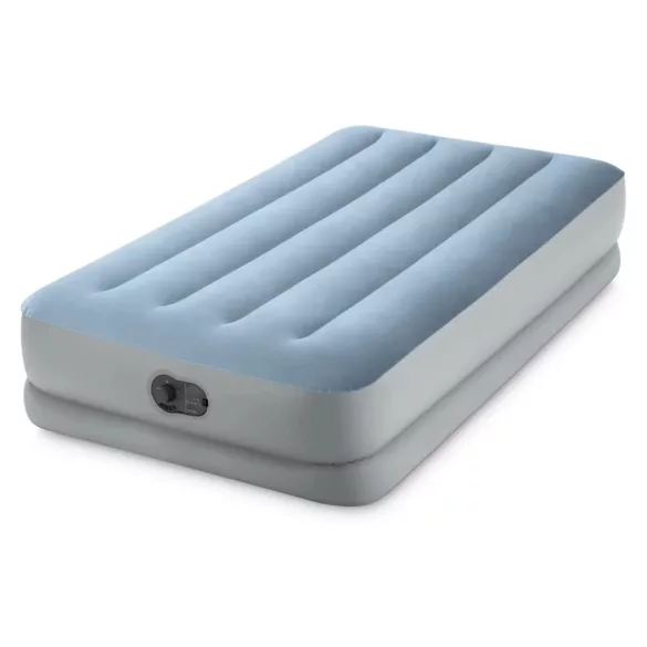Felfújható vendégágy, Intex Dupla Dura-Beam középmagas komfort matrac, 99 x 191 x 36 cm, világoskék, egyszemélyes, szálas belső szerkezettel, puha felülettel, beépített USB-s elektromos pumpával (64157)