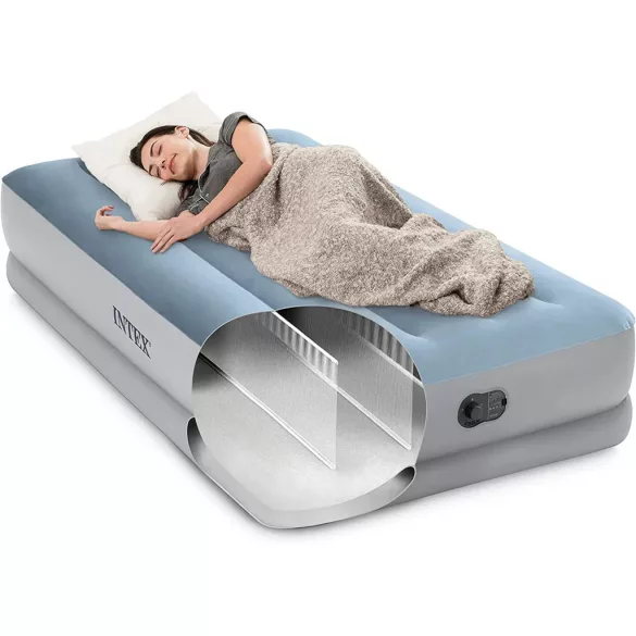 Felfújható vendégágy, Intex Dupla Dura-Beam középmagas komfort matrac, 99 x 191 x 36 cm, világoskék, egyszemélyes, szálas belső szerkezettel, puha felülettel, beépített USB-s elektromos pumpával (64157)
