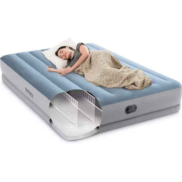 Felfújható vendégágy, Intex Queen Dura-Beam középmagas komfort matrac, 152 x 203 x 36 cm, világoskék, kétszemélyes, szálas belső szerkezettel, puha felülettel, beépített USB-s elektromos pumpával (64159)